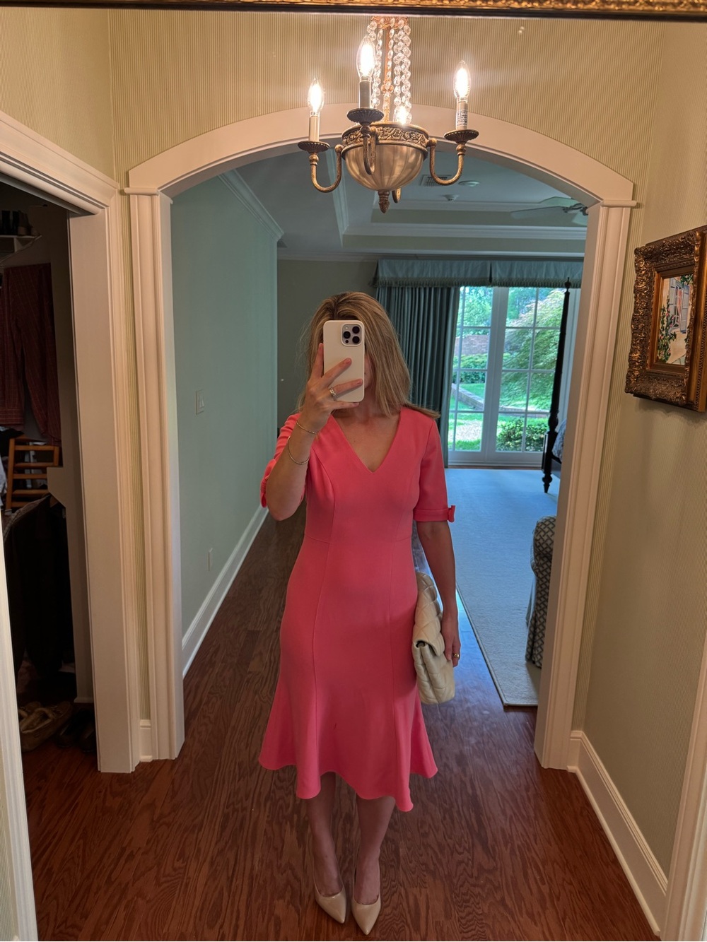 Shoshanna Coral Pink V-Neck Midi Dress with Flared Hem